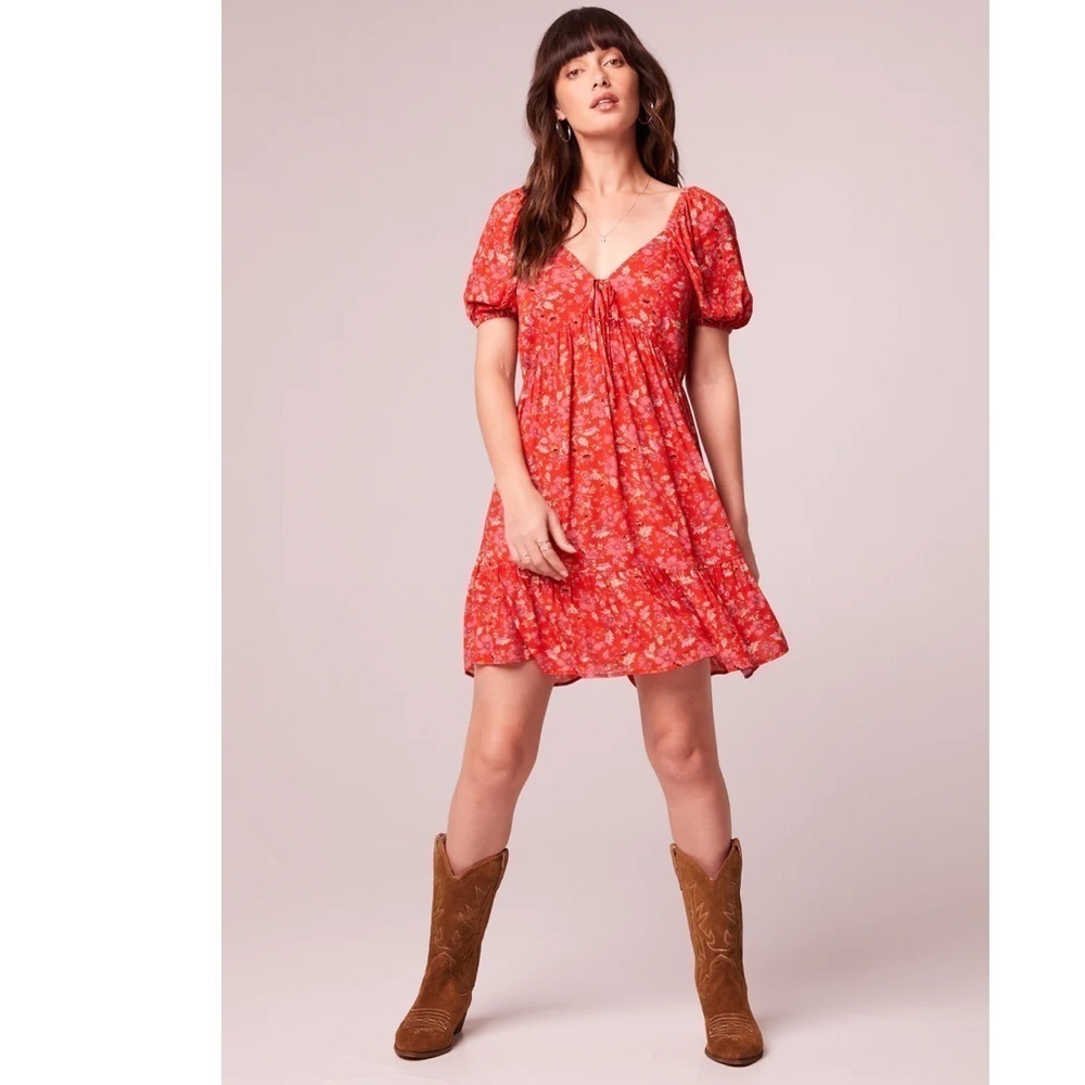 Band Of The Free Desiree Red Floral Puff Sleeve Boho Mini Dress Size XS
